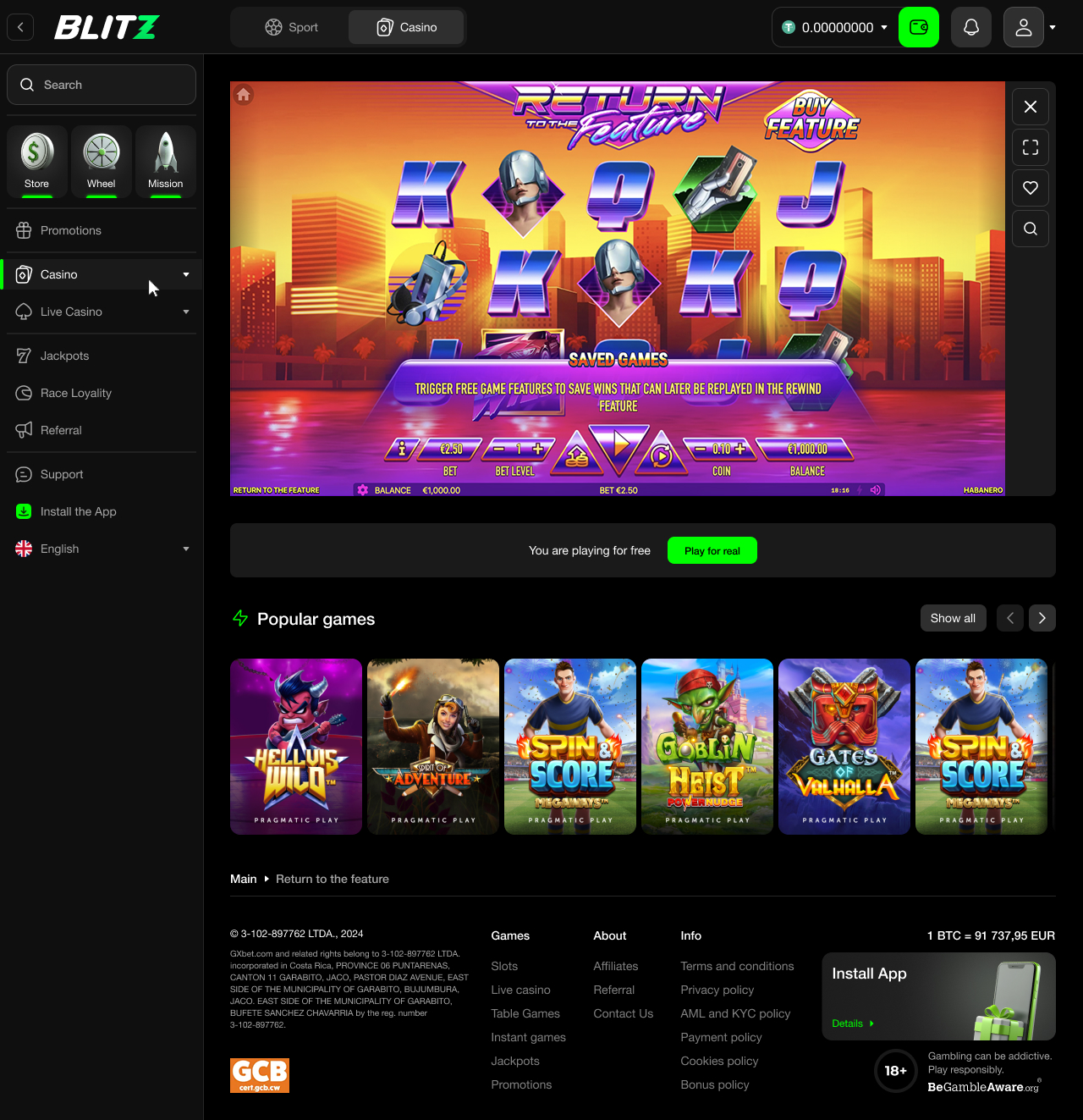 Variedade de temas de slots na Blitz
